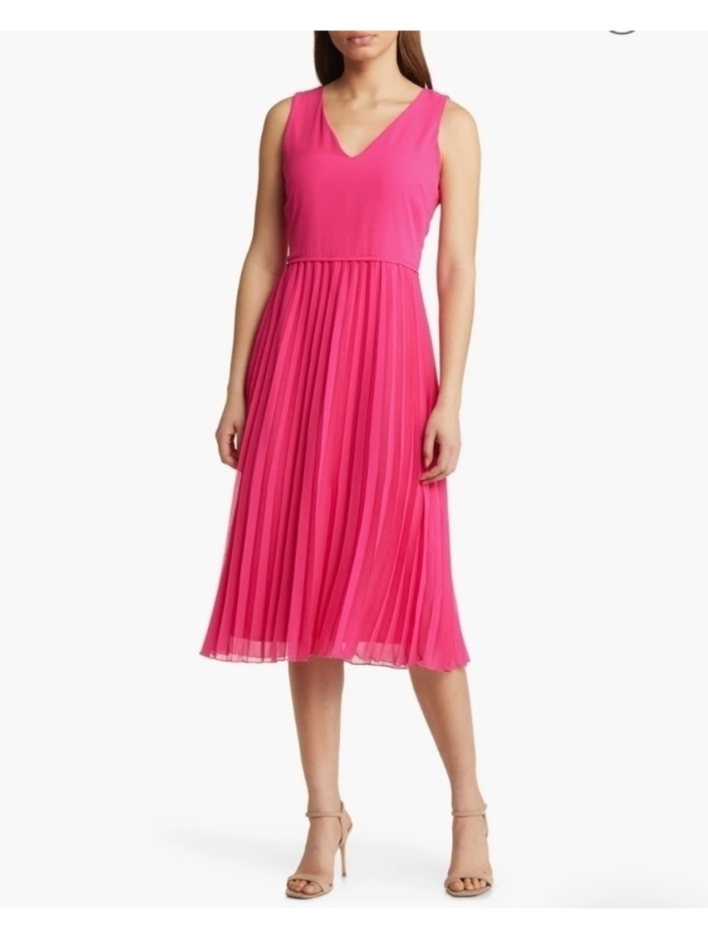 Sam Edelman Hot Pink Pleated V-Neck Midi Dress